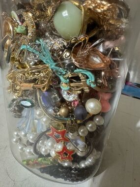 Mixed Fashion Jewelry  - Gold, Pearl, Coral & Teal Accents in 60 oz mason jar